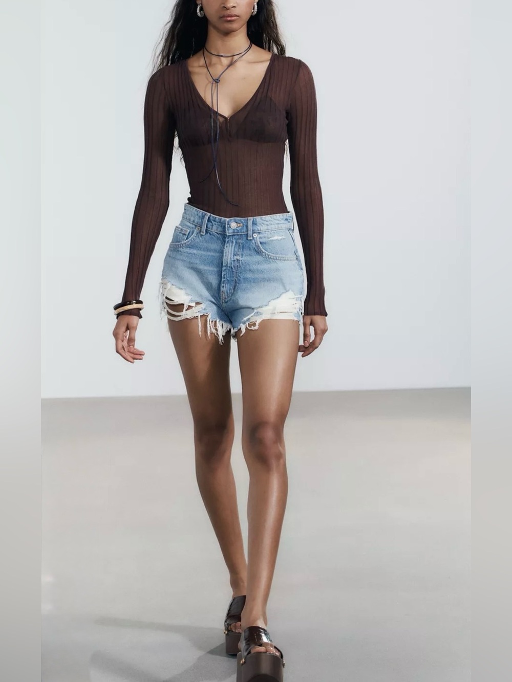 Zara Light Blue Distressed Denim Shorts
